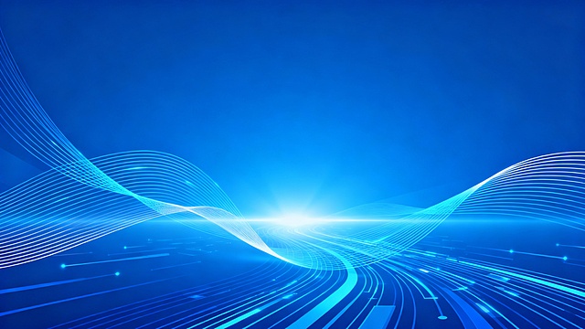 一张跨境电商会议的PPT封面背景，蓝色调，充满科技感，画面中包含抽象的互联网线条元素，线条流畅且富有动感，整体风格高大上，没有任何文字内容，光线效果明亮，具有未来感和专业感