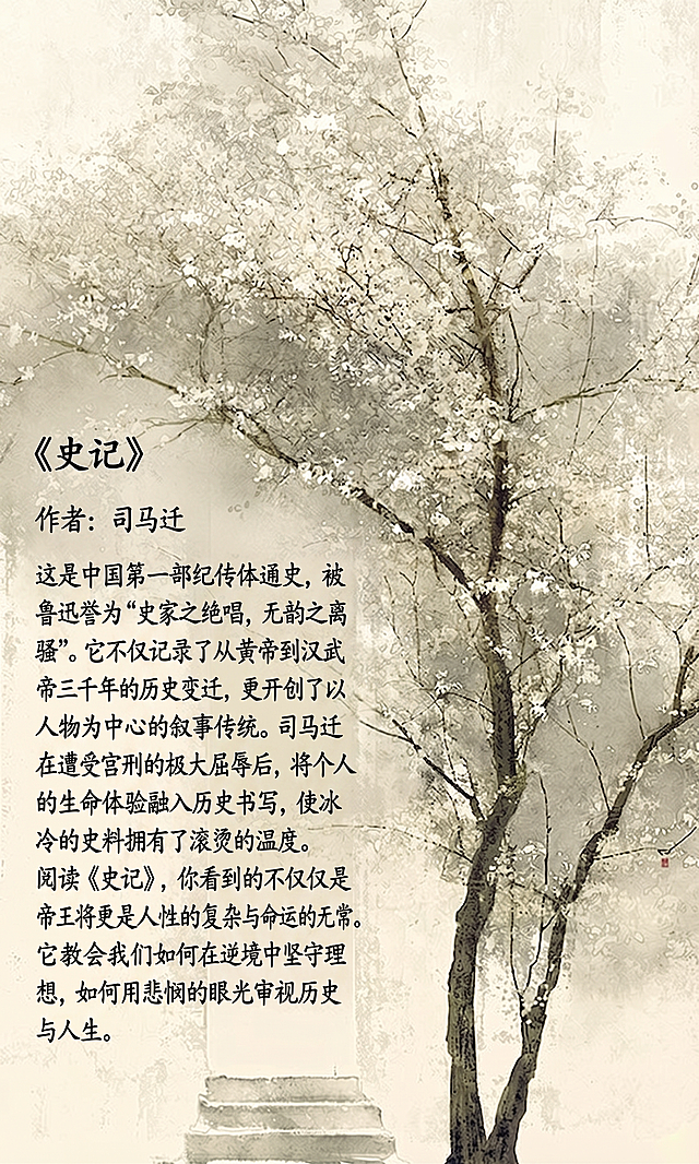 在这幅水墨画左侧空白区域添加文字内容：标题“《史记》”，作者“作者：司马迁”，核心价值部分：“这是中国第一部纪传体通史，被鲁迅誉为“史家之绝唱，无韵之离骚”。它不仅记录了从黄帝到汉武帝三千年的历史变迁，更开创了以人物为中心的叙事传统。司马迁在遭受宫刑的极大屈辱后，将个人的生命体验融入历史书写，使冰冷的史料拥有了滚烫的温度。阅读《史记》，你看到的不仅仅是帝王将相的兴衰，更是人性的复杂与命运的无常。它教会我们如何在逆境中坚守理想，如何用悲悯的眼光审视历史与人生。”，保留右侧开花古树水墨画面，整体保持中式国风淡雅格调，文字排版整齐清晰，字体为书法风格。