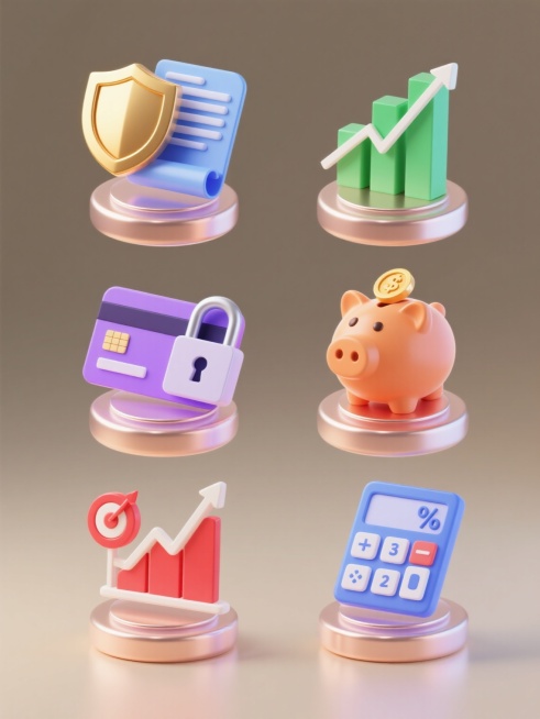 一套6个不同金融元素的图标集合，每个图标均采用精致的3D立体风格，表面有光滑的渐变色彩和细腻的高光反光效果，底部配有圆形波纹底座，整体悬浮在纯色背景上，元素包括：1.金色盾牌与蓝色卷轴文件组合、2.绿色柱状图表与上升箭头、3.紫色信用卡与安全锁、4.橙色存钱罐与金币、5.红色折线图与目标标记、6.青色计算器与百分比符号，所有图标排列整齐，保持统一的光影处理和设计语言，色彩鲜明且各不相同。预览效果