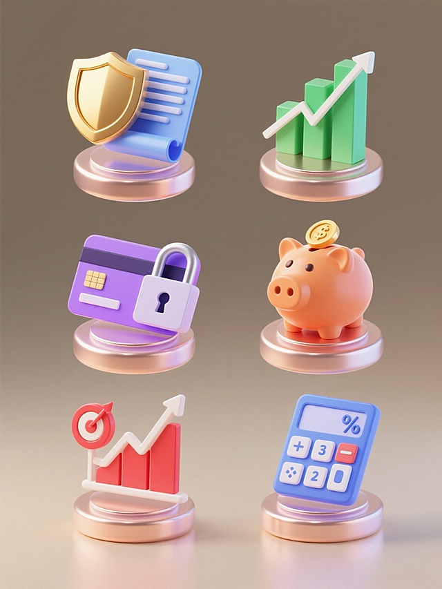 一套6个不同金融元素的图标集合，每个图标均采用精致的3D立体风格，表面有光滑的渐变色彩和细腻的高光反光效果，底部配有圆形波纹底座，整体悬浮在纯色背景上，元素包括：1.金色盾牌与蓝色卷轴文件组合、2.绿色柱状图表与上升箭头、3.紫色信用卡与安全锁、4.橙色存钱罐与金币、5.红色折线图与目标标记、6.青色计算器与百分比符号，所有图标排列整齐，保持统一的光影处理和设计语言，色彩鲜明且各不相同。