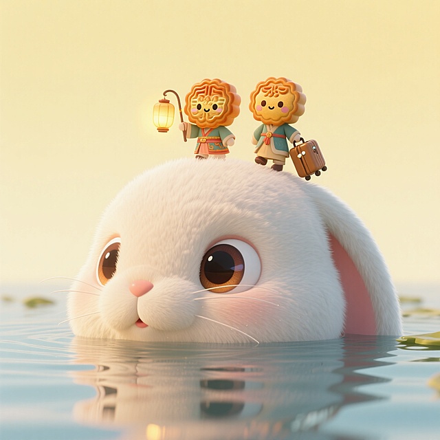 梦幻卡通风格，拟人化月饼角色立于兔子背上，温馨中秋氛围。