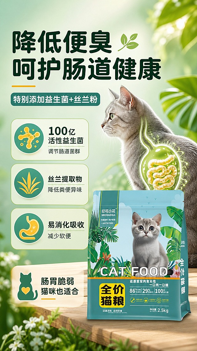 [商品] 使用【图2】尼可小花全价猫粮袋装产品；保留包装袋所有原貌特征；商品处理：产品袋放在画面右侧或底部，保持清晰完整。
[画面] 页面目标：呵护肠道健康功能卖点，突出益生菌和降低便臭；构图骨架：左文右图，左侧功能说明文字，右侧产品+猫咪肠道示意；主体位置：画面中部偏右，猫咪侧面轮廓+肠道健康示意图；主体占比：产品+猫咪形象占画面约50%；景别：中景功能示意；阅读动线：从左到右，从上到下；前中后景：前景文字信息卡，中景产品袋+猫咪形象，后景柔和渐变+植物元素；场景：温馨健康的功能展示场景，暖色调点缀。
[视觉] 套系策略：风格=自然清新森系商业摄影风；标题字=粗黑体圆润字形；正文字=简洁无衬线体；主色=青绿色（#2A9D8F）；背景延展=基于青绿色做深浅层级、同色渐变和自然植物/木纹/草地质感；强调色=暖黄色（#F4A261），仅用于小面积图标、引线、标签和数字高亮；标题色=深墨绿色；正文色=深灰绿色；组件=圆角浅绿信息卡、细线引线、叶片装饰元素；光影=柔和均匀布光，功能示意区域有轻微发光效果。
[文字] 左侧主标题："降低便臭 呵护肠道健康"，副标题："特别添加益生菌+丝兰粉"；下方3个功能点："100亿活性益生菌 调节肠道菌群"、"丝兰提取物 降低粪便异味"、"易消化吸收 减少软便"；右侧配猫咪侧面轮廓，肠道位置用发光效果示意健康状态；底部产品袋旁标注"肠胃脆弱猫咪也适合"；所有文字横向排版，字号保证手机端清晰可读。
[规格] 图片比例9:16竖版，4K，避免变形、错字、文字过小、医疗化表述、冷蓝/蓝灰背景。