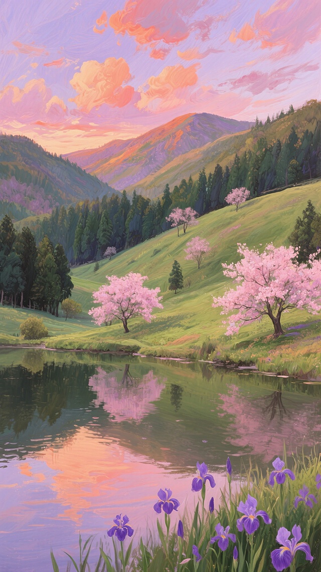 一幅印象派风格的户外风景画，画面中是连绵起伏的丘陵地带，山坡上覆盖着茂密的深绿色森林，林间点缀着几棵开满粉色花朵的樱花树，远处的天空呈现出柔和的粉紫色晚霞，云朵被染成了温暖的橙红色，山脚下有一片宁静的湖泊，湖面倒映着天空和岸边的景色，湖边生长着一些紫色的鸢尾花，整体色调温暖而梦幻，笔触奔放且富有动感，营造出一种浪漫而宁静的户外氛围。