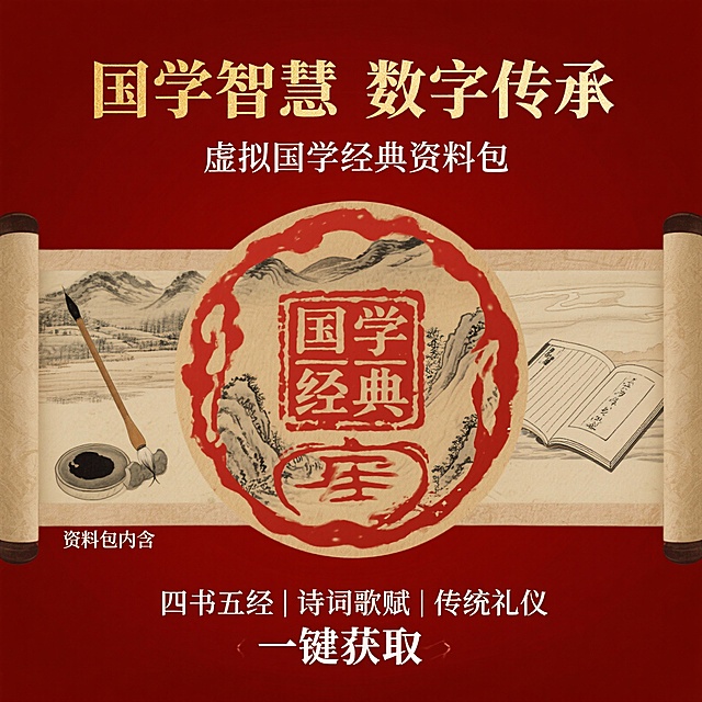帮我设计一张800乘以800尺寸的电商图  要求红底大气简约 可以更改文字的中国风设计模板 我要买虚拟国学资料    多设计几张我挑选