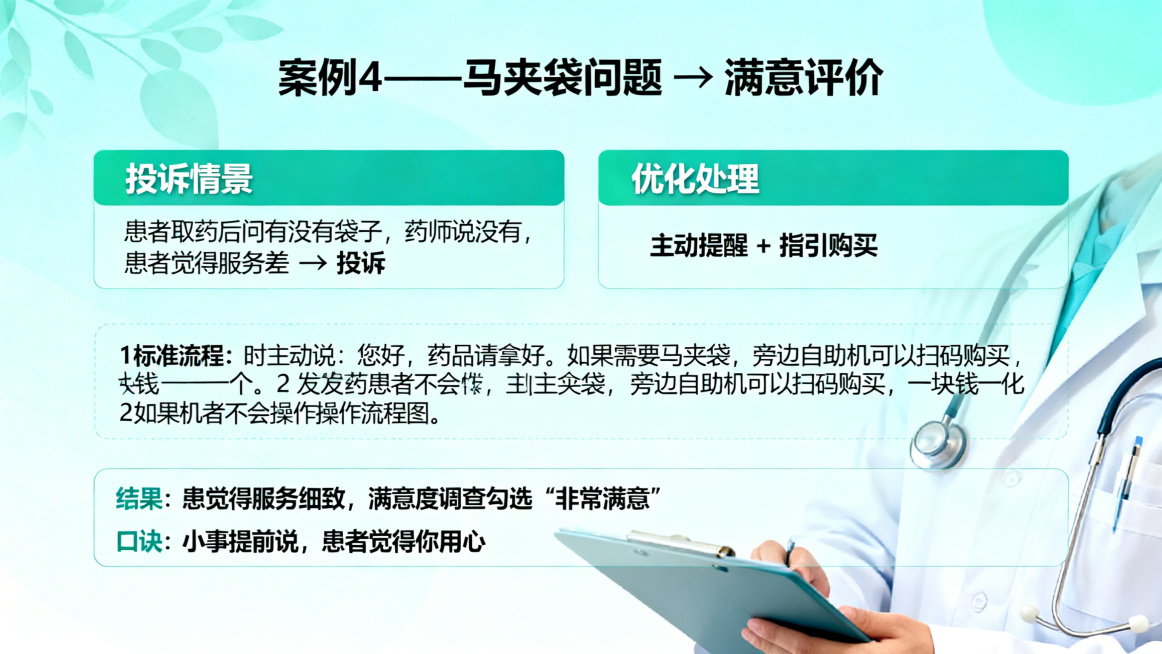 医疗机构药剂科窗口服务培训PPT案例页，标题：案例4——马夹袋问题 → 满意评价，左侧投诉情景：标题：投诉情景，正文：患者取药后问有没有袋子，药师说没有，患者觉得服务差 → 投诉；右侧优化处理：标题：预览效果
