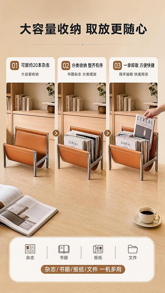 [商品] 使用【图1】中的DS-8821B橙色书报架；保留马鞍皮弧形收纳槽、实心不锈钢灰钛拉丝支架、缝线细节、整体结构比例和颜色；商品处理：增强马鞍皮纹理质感、不锈钢拉丝金属光泽。
[画面] 目标：功能演示，展示大容量收纳与便捷取放。构图：三步流程横向排列，每格一个使用动作。景别：中景。步骤1：空架展示容量"可放约20本杂志"；步骤2：放入书籍杂志"分类收纳 整齐有序"；步骤3：随手抽取"一拿即取 方便快捷"。背景：浅木色书桌台面，暖调书房环境。阅读动线：从左到右三步递进。
[视觉] 套系策略：风格=现代轻奢高级商业摄影；标题字=现代无衬线粗黑体；正文字=简洁无衬线黑体；主色=暖驼棕；背景延展=基于暖驼棕做深浅层级、同色渐变和细腻木纹/纸张质感；强调色=灰钛金，仅用于小面积图标、引线和标签；标题色=深炭灰；正文色=中暖灰；组件=圆角浅底信息卡、细线引线、胶囊标签、步骤编号；光影=左前侧暖柔光，柔和阴影。
[文字] 顶部主标题"大容量收纳 取放更随心"，每步配编号和短说明，底部补充"杂志/书籍/报纸/文件 一机多用"。
[规格] 图片比例9:16竖版，4K，避免变形、错字、文字过小、冷蓝/蓝灰背景、产品颜色改变、结构失真、极限词。