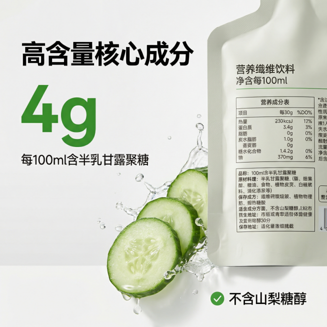 [主图3 核心成分细节展示] 主图主题：核心成分含量细节放大展示。氛围风格：专业清新，科学透明，自然食欲感。画面元素：营养素纤维饮品包装袋局部特写放大展示核心成分区域，旁边搭配新鲜切开的青瓜切片和飞溅预览效果