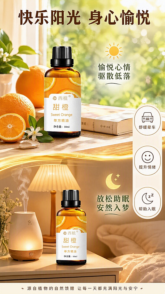 [第5张] 身心情绪功效 - 愉悦心情助眠放松。本张使用【图1】50ml甜橙精油瓶作为商品主体，清新明亮植萃风格。
[氛围/风格] 治愈系温馨风格，阳光正能量，舒适放松，商业摄影质感，精致场景。
[元素布局] 画面分上下两个场景；上半部分是阳光窗边场景：精油瓶放在浅色木质窗台上，旁边有甜橙、书籍、橙枝绿植，窗外是绿色植物和柔和阳光，表现愉悦心情；下半部分是温馨夜晚场景：精油瓶在浅色床头柜上，旁边有香薰机散发柔和雾气，暖黄小台灯，表现助眠放松；中间用柔和的浅金色光带过渡；瓶身两处均与输入图一致，清晰突出。
[光影质感] 上半部分自然光明亮温暖，下半部分暖黄灯光柔和静谧，整体画面明亮不暗沉，产品在两个场景中都有清晰轮廓，靠光影和深色瓶盖突出不融于背景。
[配色色系] 上半部分背景 #FFF8E1 浅奶黄阳光感；下半部分背景 #F5E6D3 暖米色灯光感；产品橙色在两个场景中均鲜明突出；主色 #FFB347 暖橙色；辅助色 #8D6E63 木色、#FFB300 金色光带、#81C784 窗外绿；文字色深棕+墨绿。
[视角构图] 上下双场景分栏构图，上日下夜对比展示；每个场景中产品都是视觉焦点。
[文字版式] 顶部主标题「快乐阳光 身心愉悦」，深棕粗体大字。上场景右侧标注「愉悦心情 驱散低落」，配太阳图标；下场景右侧标注「放松助眠 安然入梦」，配月亮图标。右侧竖排3个功效圆形徽章，浅棕边白底：「舒缓晕车」「提升情绪」「帮助入眠」。
[比例分辨率] 9:16竖版比例，4K分辨率，文字清晰可辨，高清画质。
[负向提示词] 产品变形，标签模糊，颜色偏差，产品与背景融色不突出，水印，文字过小，画面过暗，场景不自然，深色背景。