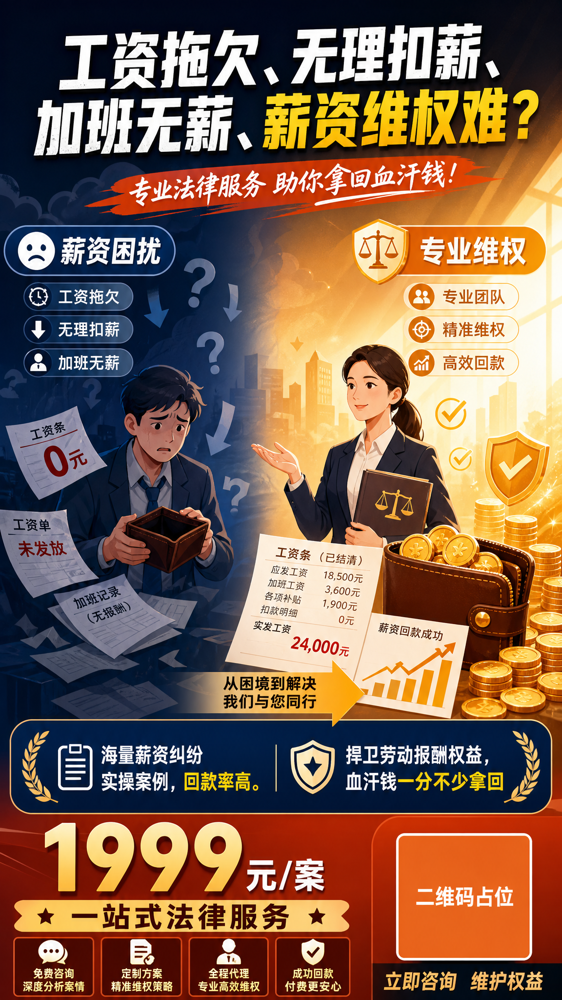 一张竖版9:16的薪资维权法律服务海报，现代简约+情绪化插画风… - 图片创意预览