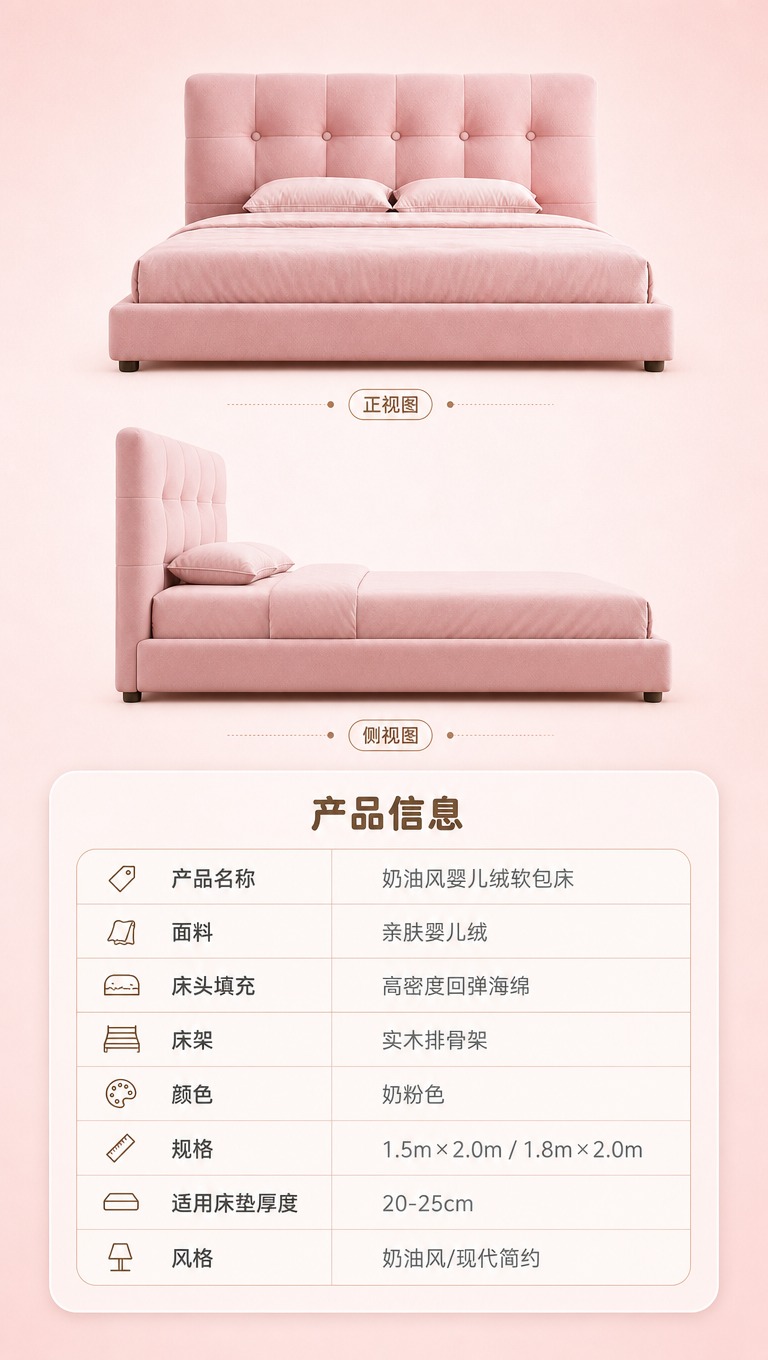 [商品] 使用【图1】粉色婴儿绒软包床；保留床头软包拉扣、粉色… - 图片创意预览