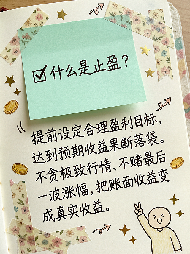 手帐风格竖版内页图，3:4比例，温馨可爱。米白色格子纸背景，左上角贴一张绿色便签纸，便签上手写标题："✅什么是止盈？"。正文用黑色手写字体写在便签下方："提前设定合理盈利目标，达到预期收益果断落袋。不贪极致行情、不赌最后一波涨幅，把账面收益变成真实收益。"。页面周围装饰手帐元素：和纸胶带、小花朵、星星贴纸、手绘金币、向上的小箭头涂鸦。右下角画一个可爱小人举着胜利手势。色调以薄荷绿+奶油黄为主，排版清晰，手帐风、治愈系