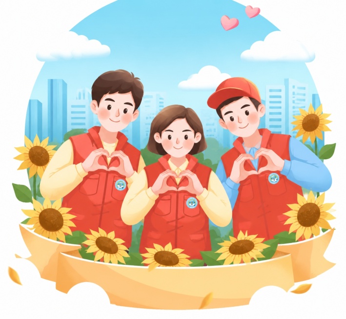 参考这张图片的插画风格，重新生成三位穿着红色志愿者马甲的志愿者，周围搭配向日葵装饰，背景是蓝天白云城市，人物比心，整体插画风格和参考图保持一致预览效果