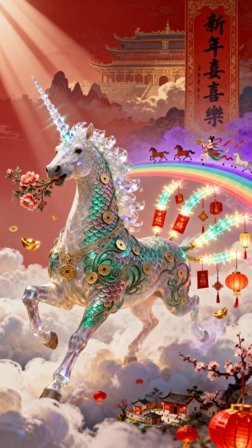 Masterpiece, 9:16 vertical poster, A divine horse leaping through clouds in Chinese New Year theme,预览效果