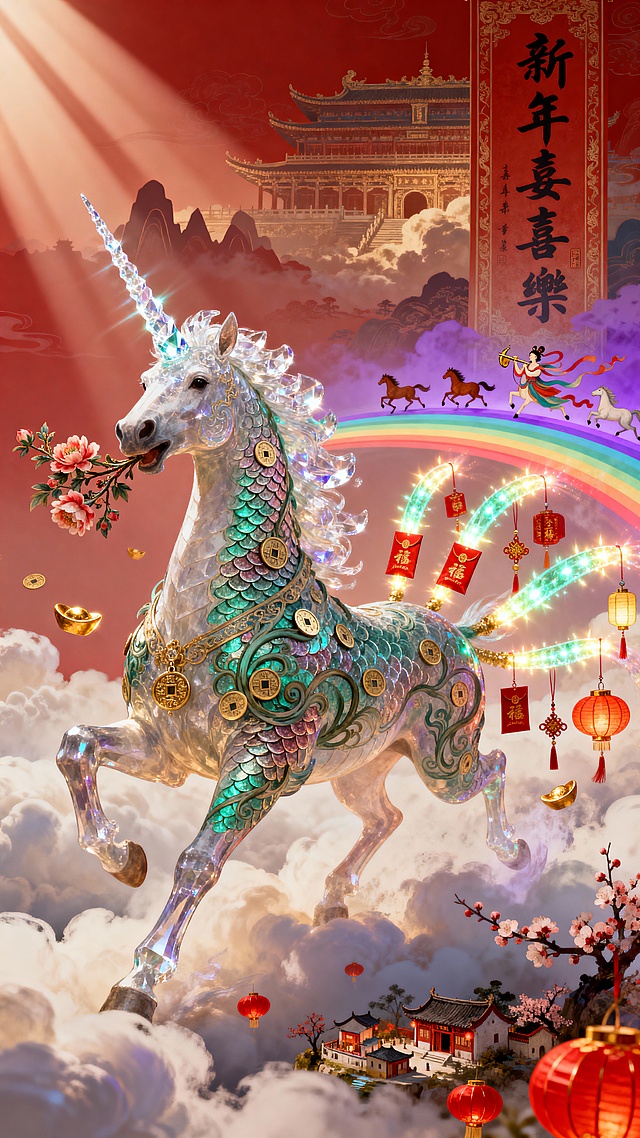 Masterpiece, 9:16 vertical poster, A divine horse leaping through clouds in Chinese New Year theme, Intricate details: horse with crystal horn, scales combining coin and vine patterns,  nine glowing tails tied with lucky charms (red envelopes, ingots, lanterns), Holding peony branch in mouth with micro-carved blessings, Background: upper part shows celestial palace silhouette with giant spring couplets,  middle part: rainbow trail with running foals, flying apsaras playing instruments, lower part: miniature ancient town with red lanterns and plum blossoms, Color scheme: vermilion red, gold, cyan and purple gradients, Style: mix of Gongbi painting and fantasy illustration,  hyperdetailed, 8K resolution, cinematic lighting,  lens flare, god rays, translucent glowing effects, --ar 9:16 --style raw --quality 2