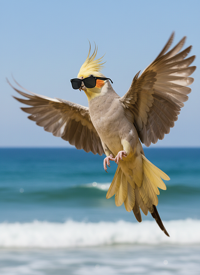 不经意间拍摄的，自然的光线，主角是图片中的这只鸟，白天，大海，戴着墨镜