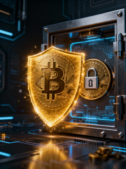 Bitcoin inside a digital security vault, blockchain lock symbols, glowing golden shield, dark tech b预览效果