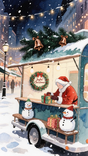 画面中心是一座深绿松枝顶的旋转咖啡车，装饰有铜色铃铛与 “Joyful Christmas” 松枝花环，车厢旁的座椅替换为毛绒雪人造型，圣诞奶奶坐在雪人座椅上包装礼物，背景是飘着细雪、缀着暖光串灯的夜预览效果