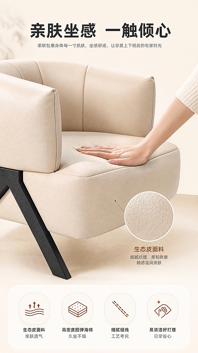 [商品] 使用【图1】D2501米白色休闲椅；保留环抱式靠背、圆润座包、X型交叉实木椅腿、米白色生态皮面料、深色木纹椅腿的整体结构、颜色和比例；商品处理：座包区域做按压凹陷效果展示回弹性，增强皮革纹理与缝线质感，皮面自然光泽。
[画面] 目标：建立坐感与面料信任，材质工艺证明。上特写下说明构图，上半部分为手部轻按座包的特写，展示高密度回弹海绵的凹陷与回弹，旁边叠加生态皮面料微距纹理；下半部分为4个icon标签横向排列，分别对应4大面料卖点；背景为浅米色渐变，干净突出材质。
[视觉] 套系策略：风格=高级轻奢商业家居摄影；标题字=现代无衬线粗体；正文字=简洁无衬线体；主色=奶油米白；背景延展=基于奶油米白做深浅层级、同色渐变和细腻哑光墙面/织物质感；强调色=浅焦糖棕，仅用于小面积图标、引线和标签；标题色=深炭灰；正文色=中暖灰；组件=圆角浅底信息卡、细线引线、胶囊形卖点框；光影=左前侧暖柔光，柔和自然阴影。
[文字] 上方主标题「亲肤坐感 一触倾心」，下方4个圆角icon标签：「生态皮面料 亲肤透气」「高密度回弹海绵 久坐不塌」「细腻缝线 工艺考究」「易清洁好打理」；文字清晰可读，不遮挡手部按压演示区域。
[规格] 图片比例9:16竖版，4K分辨率，负向提示：避免变形、错字、文字过小、冷蓝/蓝灰背景、海绵过度夸张变形、极限词、水印、二维码。