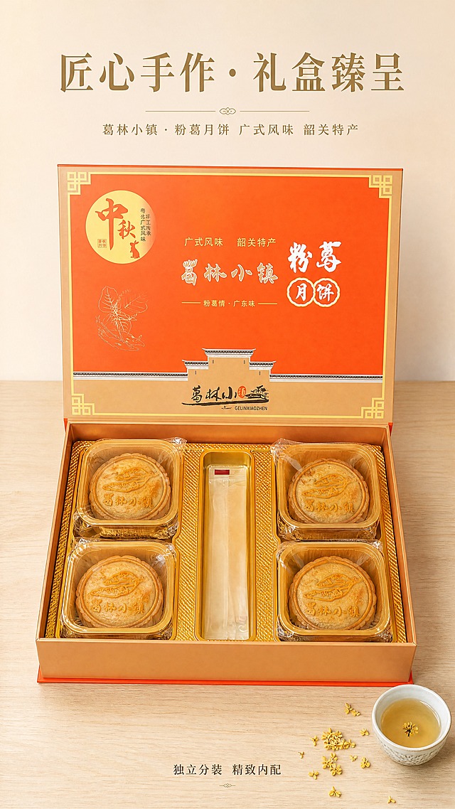 9:16竖版，8K超高清礼盒开箱俯拍摄影，柔和均匀顶光。画面主体为打开的葛林小镇粉葛月饼礼盒，采用俯视角度拍摄，内盒中四枚独立包装月饼整齐排列，配套餐具居中摆放，金色内托质感清晰呈现，月饼独立包装透明有光泽。礼盒外盒盖向后翻开倚靠，外盒的所有图案、字体、橙红配色完全原样保留，无任何修改，"葛林小镇""粉葛月饼""中秋""广式风味 韶关特产"等所有文字清晰完整。产品放置于浅木色哑光台面，木纹细腻自然。背景为暖米色纯色，干净柔和。画面右下角角落点缀少量干桂花与一只中式小茶盏，增添雅致中秋氛围。画面顶部居中搭配简约宣传文案，主标题"匠心手作・礼盒臻呈"，烫金质感雅致宋体。画面底部居中搭配小字"独立分装 精致内配"，字体小巧精致。文字不遮挡礼盒主体。整体营造精致开箱感，突出礼盒内里品质，微信小店详情页风格，画质清晰高级。柔和均匀顶光从上方照射，礼盒内部细节清晰，阴影柔和自然。