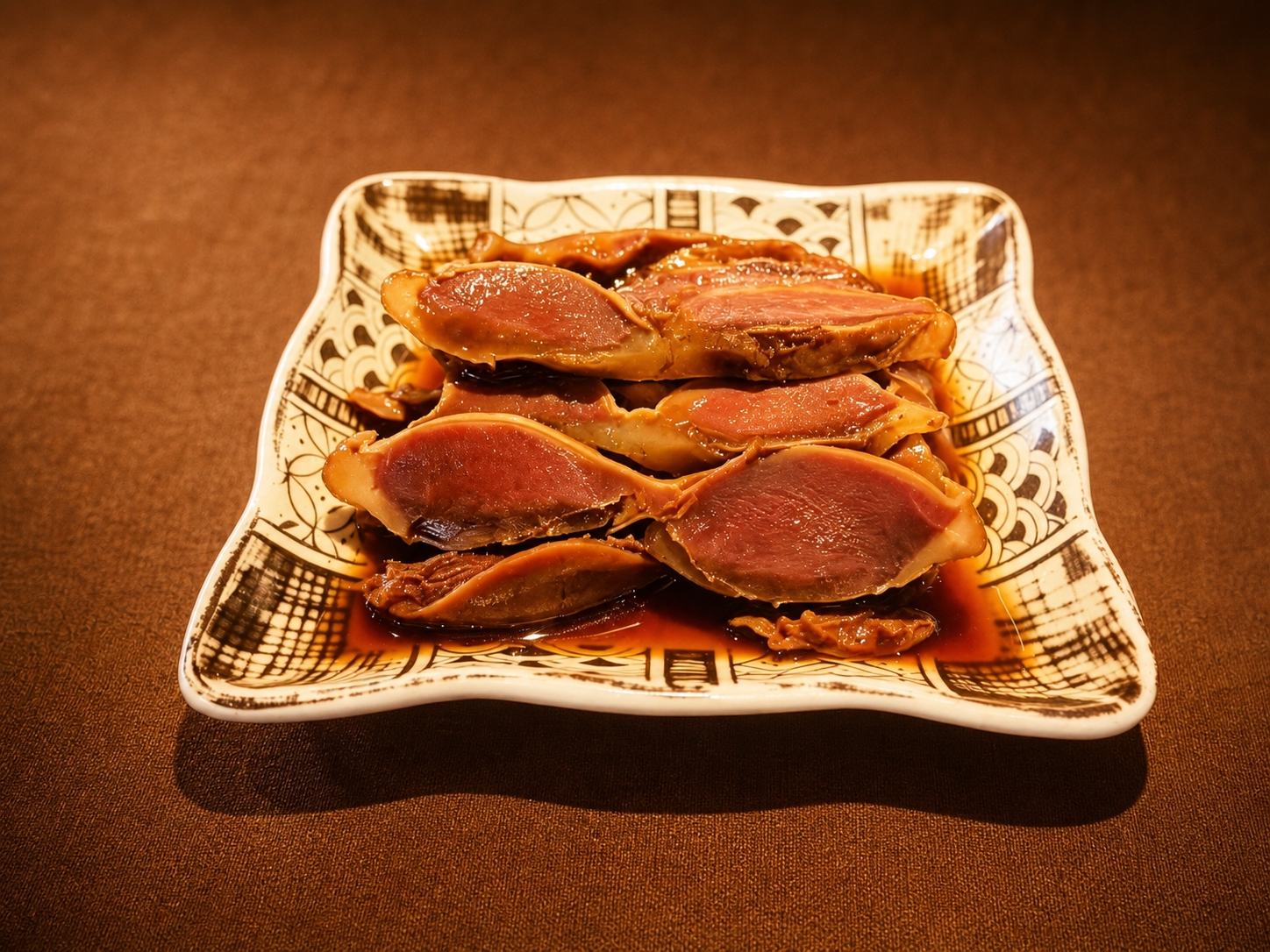 统一为暖棕色深桌布背景，美食摄影风格，增强食欲感：卤鸭胗切片棕… - 图片创意预览