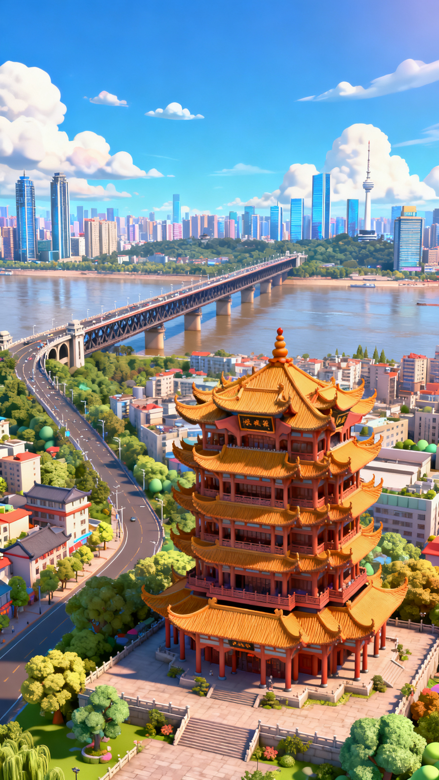 绘制一幅海报图，武汉城市聚焦，主体是黄鹤楼，长江大桥和武汉的长… - 图片创意预览