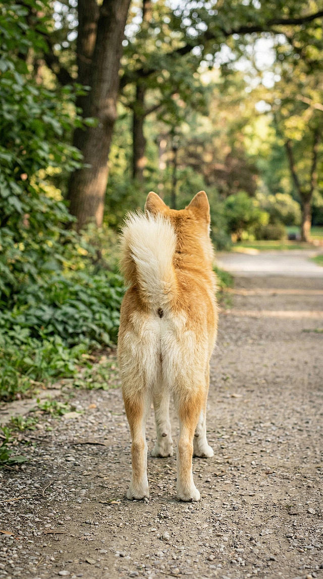 保留原有黄白毛发、立耳、蓬松尾巴的中华田园犬特征，修改为背面视角，可呈现全身站立或背向行走姿态，保留户外公园背景、自然光、写实摄影、高细节风格