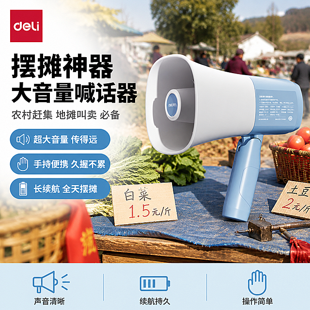 [单张主图] 得力手持喊话喇叭 农村摆摊爆款促销感主图 突出摆摊专用大音量实用卖点
[画面主体] 画面右侧主体为蓝白配色得力手持喊话喇叭，喇叭口朝向左前方，手柄自然向下倾斜，产品占画面约55%。保持喇叭外观（物理结构、材质质感、蓝白颜色、deli品牌标识位置）与输入产品图完全一致，杜绝任何变形和色差，精细化处理产品边缘与质感。喇叭表面有细腻的哑光塑料质感，喇叭口内侧有自然的明暗过渡。
[构图版式] 采用「左文右品标签参数型」爆款版式。左侧约40%区域为文案信息区，右侧60%为产品主体与场景融合区。左上角安全区放置得力红色方形Logo。顶部主标题，中部核心卖点标签，底部通栏卖点条。
[场景元素] 背景为真实的农村赶集摆摊场景，做适度虚化处理突出主体。背景可见乡村街道、摆摊的折叠桌子、堆放的蔬菜水果筐、远处的乡村房屋与树木，有几位赶集的村民身影虚化在背景中，营造热闹接地气的赶集氛围。前景有虚化的竹编筐角和红布条装饰，增加层次感。喇叭放置在木质摆摊桌的右侧桌面上，桌面铺有旧蓝布，旁边散落几个纸质价格牌和一杆小秤，真实还原摆摊环境。产品与桌面有自然的接触阴影，融入场景。
[文案版式] 左上角放置红色得力deli品牌Logo。
主标题左对齐两行大字：「摆摊神器 大音量喊话器」，黑色粗黑体，字号最大。
主标题下方一行副标题：「农村赶集 地摊叫卖 必备」，深灰色，字号约为主标题一半。
副标题下方竖排3个圆角蓝色标签，白字，从上到下：
「超大音量 传得远」
「手持便携 久握不累」
「长续航 全天摆摊」
画面底部通栏浅蓝底色条，内部分三格，每格上图标下文字：
左格：喇叭图标 + 「声音清晰」
中格：电池图标 + 「续航持久」
右格：手掌图标 + 「操作简单」
所有文字清晰可读，不遮挡产品主体。
[光影质感] 上午自然光从左上方照射，光线明亮柔和，有乡村户外的通透感。产品受光面有自然高光，背光面有柔和阴影，桌面投影真实自然。背景场景有阳光照射的明暗层次，整体色调温暖明亮，充满生活气息。
[配色字体] 主色调：天空蓝、暖木色、白色；强调色：得力红、深灰黑。字体用粗黑无衬线体，主标题粗大醒目，辅助文字清晰易读，层级分明。
[比例分辨率] 1:1正方形比例，2K超高清分辨率，文字清晰锐利，商业摄影质感。
[负向提示词] 变形，文字错乱，产品模糊，背景杂乱，水印，电商平台Logo，多余的手，畸形手，人物面部扭曲，悬浮感，硬切边缘