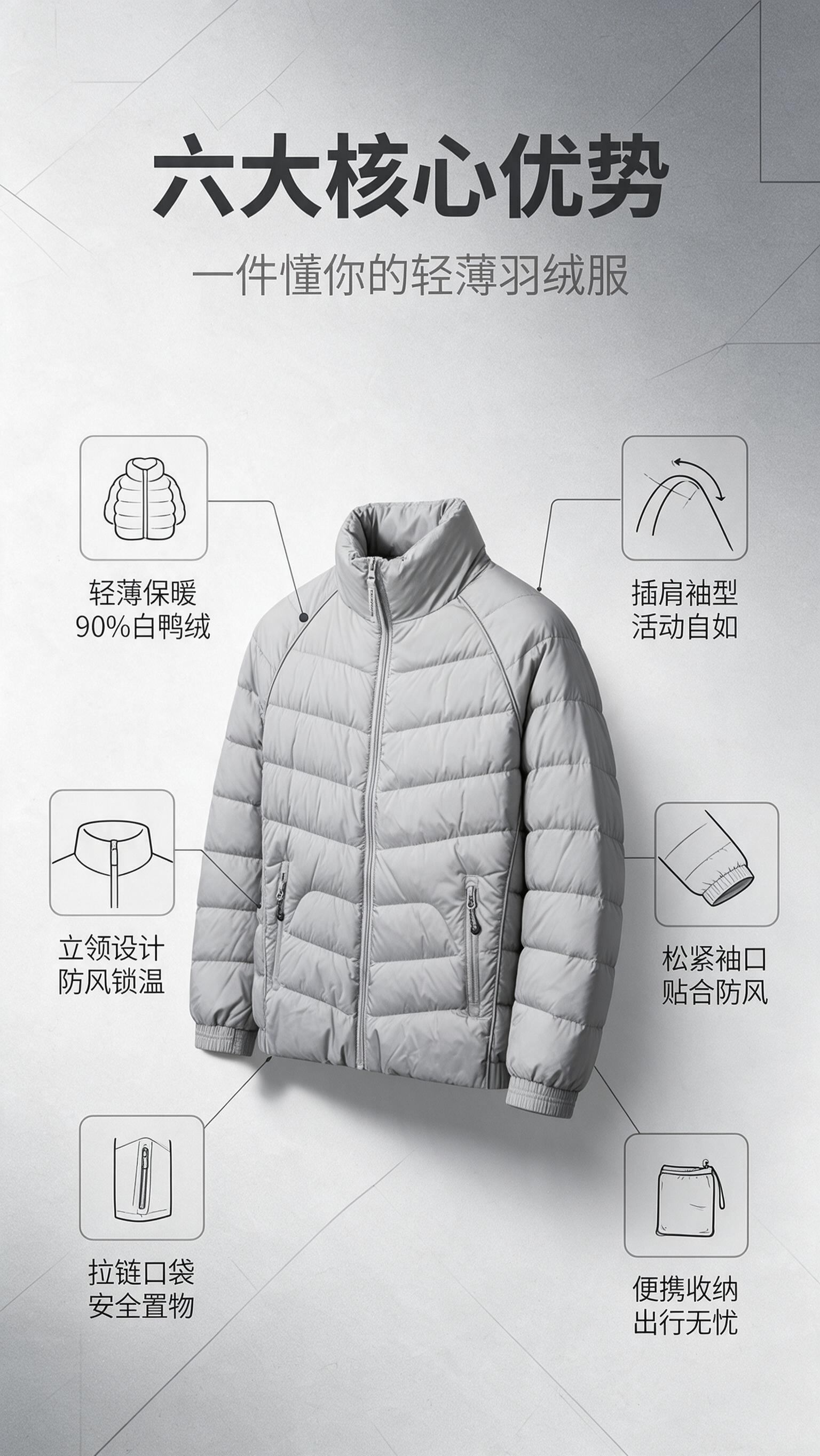 [商品] 使用【图1】浅灰色男士轻薄立领羽绒服；商品处理：保留… - 图片创意预览