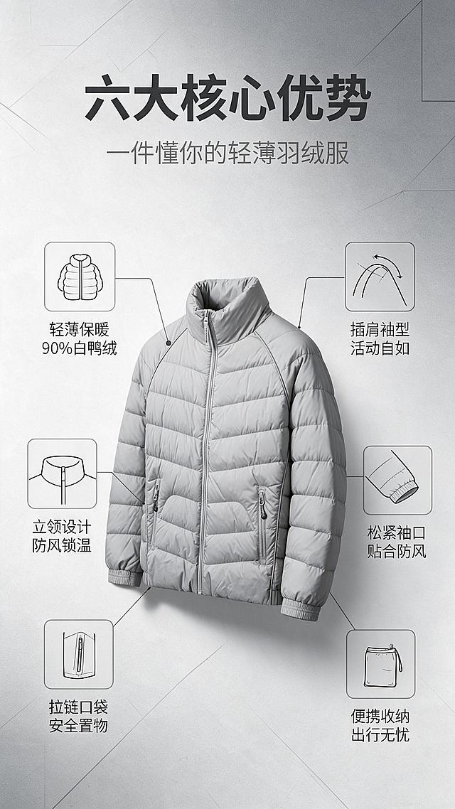 [商品] 使用【图1】浅灰色男士轻薄立领羽绒服；商品处理：保留立领、中央拉链、插肩袖、两侧拉链口袋、松紧袖口、横向绗缝结构、浅灰色和轻薄尼龙面料；自然去除衣身杂乱褶皱与压痕，理顺垂坠，增强面料纹理、缝线、拉链和五金质感，不改变版型和结构。
[画面] 目标：6大核心卖点总览页。构图：产品居中缩小占画面35%，周围环绕6个卖点图标+文案，上下左右对称分布；背景为浅灰渐变+细腻纸张质感，搭配极简几何线条装饰。景别：全景，产品完整展示+卖点环绕。
[视觉] 套系策略：风格=极简高级商业男装摄影；标题字=现代无衬线粗体（思源黑体Heavy）；正文字=简洁无衬线体（思源黑体Regular）；主色=浅灰（高级灰）；背景延展=基于浅灰做深浅层级、同色渐变和细腻哑光质感；强调色=炭黑色，仅用于小面积图标、引线和标签；标题色=深炭灰；正文色=中暖灰；组件=圆角浅底信息卡、细线引线、极简图标；光影=左前侧45度柔光，柔和阴影。
[文字] 顶部主标题"六大核心优势"（6字），副标题"一件懂你的轻薄羽绒服"（10字）；6个卖点分两列环绕产品：1."轻薄保暖 90%白鸭绒"2."立领设计 防风锁温"3."插肩袖型 活动自如"4."拉链口袋 安全置物"5."松紧袖口 贴合防风"6."便携收纳 出行无忧"；每个卖点配极简线性图标。文字全部横排，清晰可读。
[规格] 图片比例9:16竖版，2K分辨率，避免变形、错字、文字过小、颜色改变、版型失真、白底孤立、极限词。