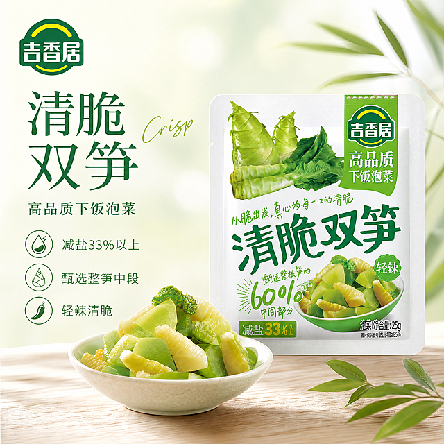 [单张主图] 吉香居清脆双笋下饭泡菜，高级氛围感主图，适合拼多多800*800清新淡雅风格。
[画面主体] 保持吉香居清脆双笋产品包装袋外观、品牌Logo字形配色、物理结构和颜色与输入产品图绝对一致，杜绝任何变形和色差，精细化处理。产品包装袋主体放置在画面偏右下位置，占画面约50%，同时展示碗中切好的青笋和竹笋实物，突出新鲜清脆的食欲感，左上角留出安全区域放置品牌Logo。
[构图版式] 选择左文右物场景型版式，左侧大面积留白放置文字信息，产品实物放右侧放大，底部用干净浅色木台面承托，周围搭配少量新鲜青绿色叶片点缀，整体清新干净不拥挤。
[场景元素] 背景是柔和的浅绿渐变到白色，低饱和清新淡雅色调，搭配几片自然的新鲜笋叶作为装饰，虚化背景突出产品主体，整体干净通透，突出天然健康的调性。
[文案版式] 左上留白区域左对齐排版：主标题写"清脆双笋"，大号字体分行排版；副标题写"高品质下饭泡菜"，小号字体；下方3个轻图标卖点：「减盐33%以上」「甄选整笋中段」「轻辣清脆」，保持文字清晰不遮挡产品。主标题旁加一个小的英文手写体"Crisp"做装饰。
[光影质感] 采用柔和的自然窗边侧光，光线通透清新，突出产品的新鲜质感和包装细节，浅景深虚化背景，产品轮廓有自然柔和的投影，整体明亮干净，商业高清摄影质感。
[配色字体] 主色调浅绿+白色，提取产品包装的绿色作为强调色；字体选择细衬线和轻无衬线组合，字重克制，靠留白分层级，文字与背景对比清晰，保证可读性。
[比例分辨率] 1:1比例，2048px宽度，2048px高度，2K分辨率，文字清晰可读。
[负向提示词] 变形，水印，文字错乱，产品图模糊，背景杂乱，错字，伪Logo，主体遮挡，低清晰度，错误结构，浓艳色彩。