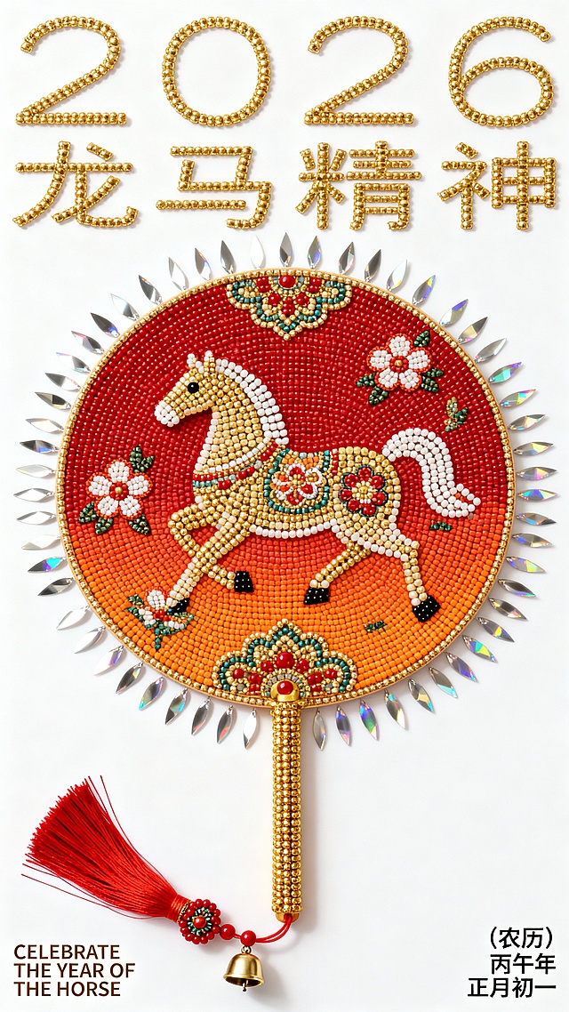 主体是一个红到橙渐变的圆形团扇（扇面绘有小马戏花与宝相花纹），扇柄为金色，尾部系红色流苏与小铃铛，周围环绕柔和光晕。上下留白，左右留白，不撑满画面。色调为纯白背景 + 红到橙渐变。画面上方极细字体 “2026”“龙马精神”。左下角小字 “CELEBRATE THE YEAR OF THE HORSE”。右下角小字 “（农历）丙午年 正月初一”。