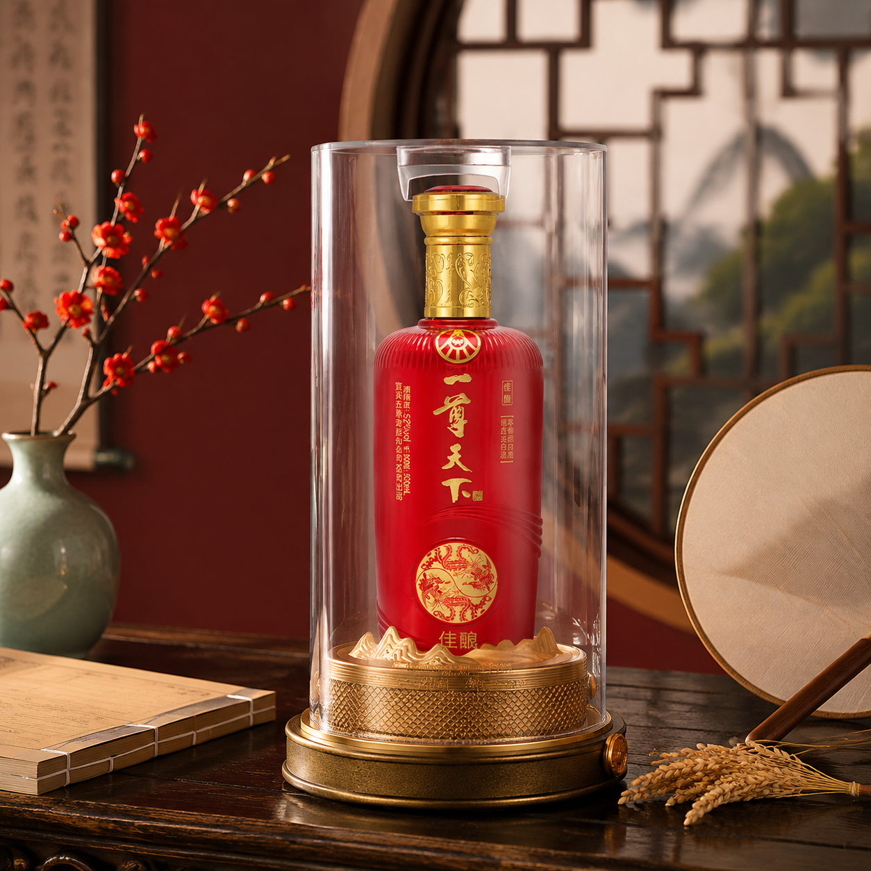 一尊天下佳酿浓香型白酒（红色瓶身、金色瓶盖与金色底座、透明亚克… - 图片创意预览
