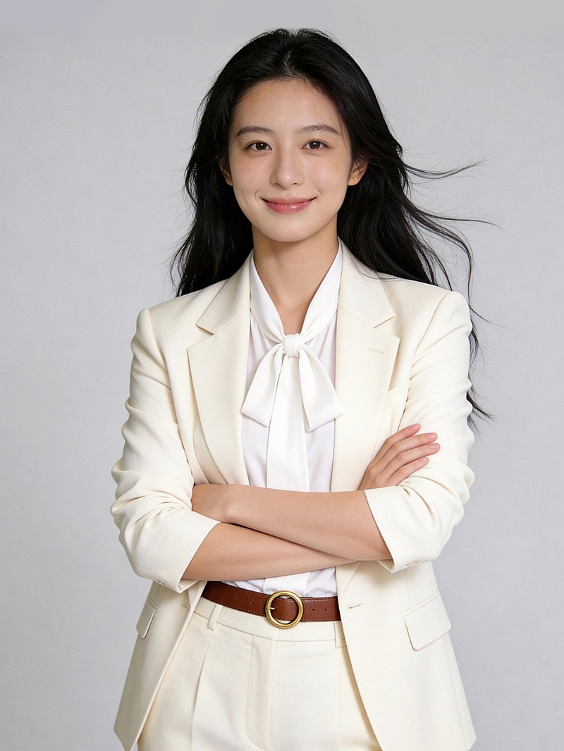 米白色西装灵动抱臂蝴蝶结领女性职业形象照