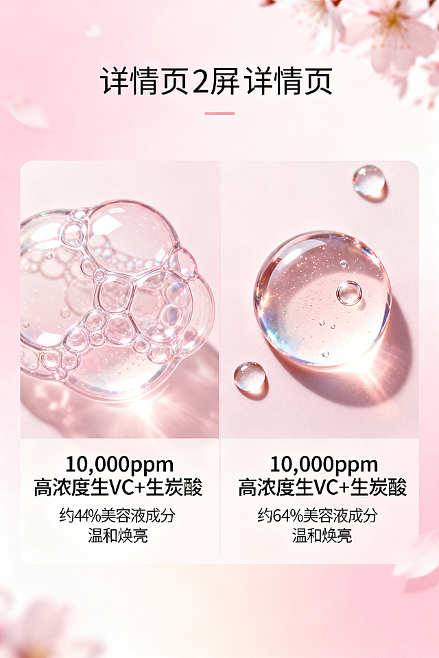 电商详情页第2屏，延续极简日系清新风格，柔和渐变樱花粉背景，不展示完整产品，以可视化形式呈现“10,000ppm高浓度生VC+生炭酸”核心成分，左侧用半透明气泡形态表现微泡结构，右侧用晶莹精华液滴表现美容液成分，主标题“10,000ppm高浓度生VC+生炭酸”，副标题“约84%美容液成分 温和焕亮”，文字统一无衬线体，左右分栏排版，画面通透有呼吸感，光影柔和，突出成分科技感与天然感。禁止出现完整产品，禁止使用卡通风格，禁止背景杂乱，禁止字体杂乱，禁止画面模糊，禁止颜色饱和度过高，禁止添加无关装饰元素。