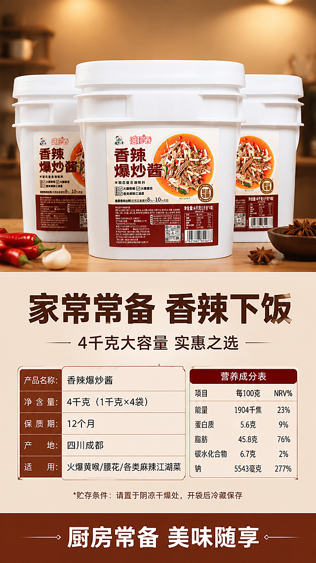 [第8屏] 详情页规格收尾屏-香辣爆炒酱参数信息与囤货氛围展示。本屏使用【图1】作为产品主体。
[氛围/风格] 规格信息清晰 + 囤货收束氛围 + 商业摄影质感，专业可信。
[元素布局] 画面上半部分为【图1】产品桶正面全貌，占比约40%，旁边摆放两桶同款形成囤货陈列感；下半部分为规格参数与营养成分信息区，采用表格形式清晰呈现；背景为暖棕色渐变，底部有厨房台面虚化。
[光影质感] 顶部暖光打亮产品，桶身排列整齐有层次，信息区明亮清晰，整体温暖稳重。
[配色色系] 全局底色 #EAD5BC（暖棕米）；主色深棕 #5C2A0F；辅助色红棕 #B8350D、米白表格底。
[视角构图] 上下分栏布局，阅读动线上方产品陈列 → 下方规格参数表 → 底部收尾语。
[文字版式] 产品下方主标题「家常常备 香辣下饭」，副标题「4千克大容量 实惠之选」，深棕粗黑体；规格表包含「产品名称：香辣爆炒酱」「净含量：4千克（1千克×4袋）」「保质期：12个月」「产地：四川成都」「适用：火爆黄喉/腰花/各类麻辣江湖菜」；营养成分表小表格置于右侧；底部收尾语「厨房常备 美味随享」；文字全部清晰可读。
[比例分辨率] 9:16 竖版比例，4K 分辨率，文字清晰可辨，高清画质。
[负向提示词] 桶身变形，标签错乱，表格模糊，文字过小，水印，颜色偏差，极限词违禁词。