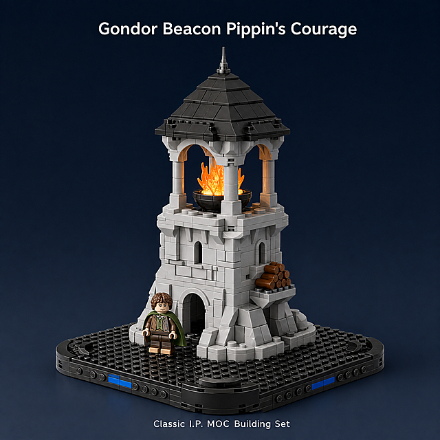 [第1屏] Gondor Beacon - Pippin's Cougar Building Block product main visual poster. 本屏展示完整积木成品，突出产品整体造型与IP场景还原度。[氛围/风格] Minimalist realistic commercial display style, business photography texture,突出产品本身，简约干净背景。[元素布局] 完整的刚铎烽火台积木成品放置在画面中心区域，占据画面约65%主体区域。保持积木原有的浅灰色石质结构、黑色金字塔屋顶、棕色木柴堆、发光火焰、小人仔皮平的物理结构、比例轮廓、关键部件、材质质感和颜色色号，结构完整不缺失。背景使用深蓝深灰渐变纯色简约背景，整体无多余装饰元素突出产品。[光影质感] 正面柔和主光照亮积木整体结构，保留内部火焰发光效果的自然光影层次，产品边缘清晰锐利，明暗过渡自然，突出积木立体感。[配色色系] 全局底色: #0f1b33(深海军蓝); 主体配色: #f0f0f0(浅灰石质) + #2d2d2d(黑色屋顶) + #8b4513(棕色木柴) + #ffaa22(火焰发光); 辅助色: #d9d9d9(文字浅白)。[视角构图] 45度斜侧视角，主体居中构图，保留四周充足留白，符合跨境平台简约设计风格，阅读动线从上到下自然。[文字版式] 顶部主标题 "Gondor Beacon Pippin's Courage", 底部副标题 "Classic I.P. MOC Building Set", 主标题字号占画面宽度8%，居中对齐，浅白色清晰现代无衬线字体，副标题字号为标题一半，同样居中放置于主标题下方，文字不遮挡产品主体。[比例分辨率] 1:1 square ratio, 2K resolution, clear and legible text, ultra HD. [负向提示词] deformed structure, missing parts, wrong color, watermark, messy background, distorted text, blurry product image, Chinese characters.