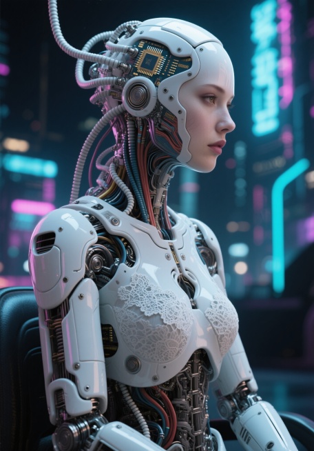 复杂3D渲染超详细美丽瓷质侧颜女性机器人面部，赛博格，机械部件，150mm，漂亮工作室柔光，轮廓光，生动细节，奢华赛博朋克，蕾丝，超写实，解剖学，面部肌肉，电缆电线，微芯片，优雅，未来城市夜景背景，霓预览效果