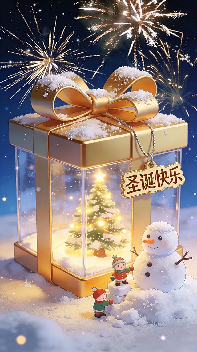 3D微缩艺术风圣诞礼盒，玻璃质感透出暖光树与雪人，鎏金蝴蝶结点缀，卡通童趣堆雪人，烟花绽放夜空，喜庆梦幻温馨满溢。