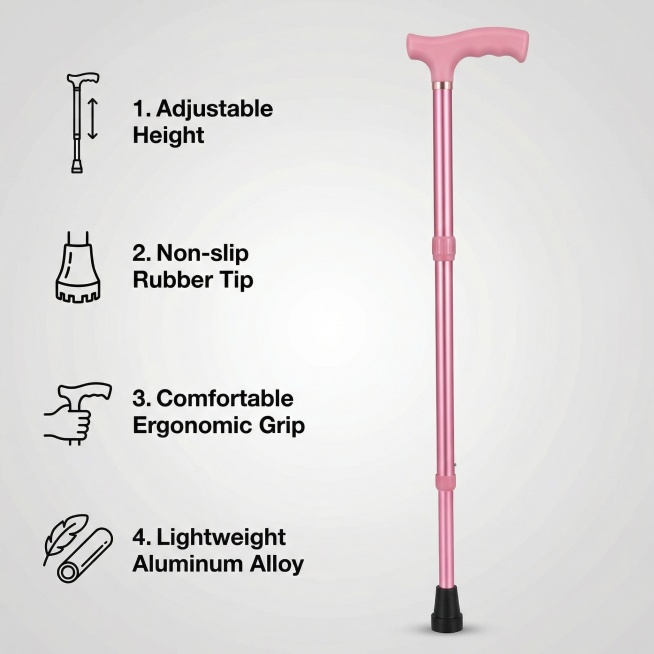 Main Image 3: Core function卖点 display, this pink folding walking cane (same product as original imag预览效果