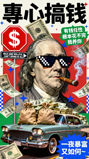 复古拼贴艺术风格海报，色彩浓烈且对比强烈，核心是戴像素墨镜、叼雪茄、头顶百元美钞的富兰克林美元头像；下方有载满钱袋与钞票的复古汽车，周围纷飞美元纸币，搭配带$符号的红色八角标识、“搞钱”路牌；文案丰富预览效果