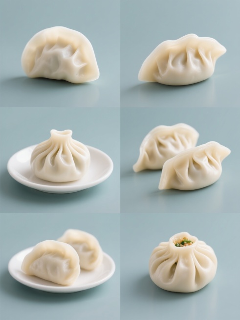一张展示6个完全不同造型饺子的系列素材集合海报，采用纯色背景，保持单个饺子的写实风格、米白色半透明面皮质感、自然褶皱细节和柔和高光效果，包含单个饺子和一盘饺子的多样呈现，每个饺子造型独特（如不同褶皱花纹、馅料饱满度、摆放姿态），整体规整排布成对称或网格状布局，视觉层级清晰，突出饺子的形态美感，设计简洁大方适合作为素材使用。预览效果