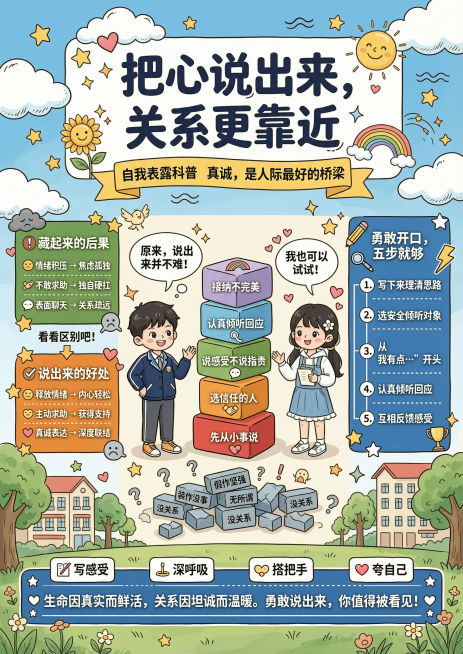 初二心理健康科普竖版海报，美式漫画涂鸦风，温暖治愈，色彩明亮活泼。背景：蓝天草地加教学楼。文字内容：顶部大号艺术字主标题"把心说出来，关系更靠近"，黄色飘带副标题"自我表露科普 | 真诚，是人际最好的预览效果