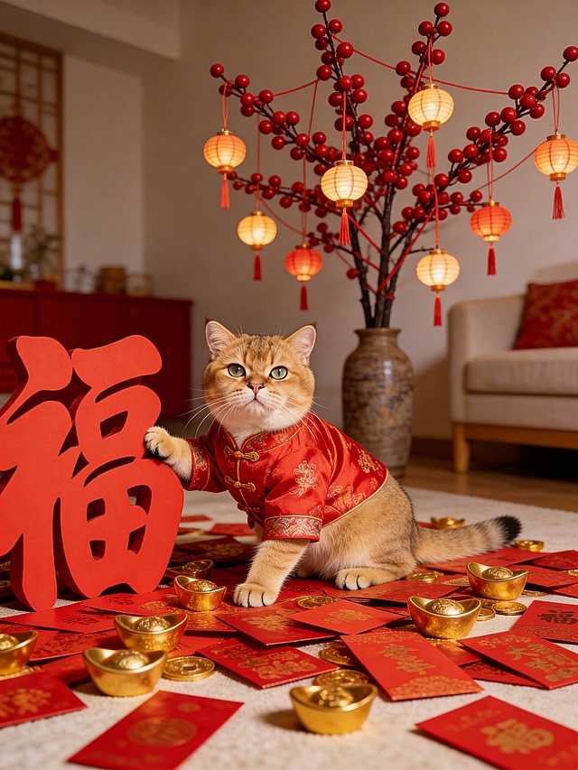 国潮风猫穿唐装，拟人化演绎春节喜庆，鎏金元宝与剪纸“福”字点缀，实景感中式家居氛围浓郁，红灯笼映衬吉祥年味。