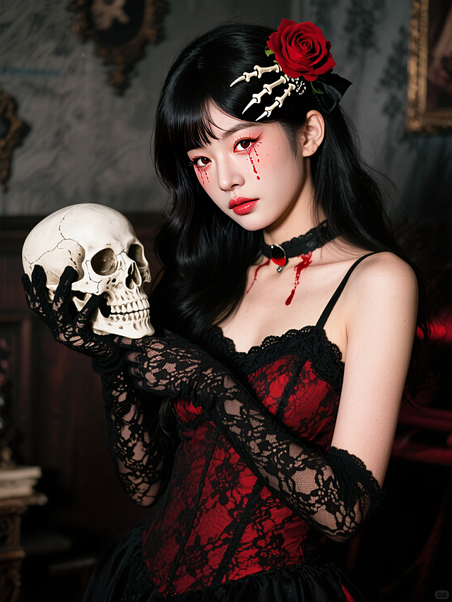 眼妆以红色系为主，搭配下眼睑的血色泪痕，穿着黑红蕾丝服饰，佩戴黑色蕾丝手套，头上戴有骷髅爪发饰（贴在头上）、红玫瑰；手持骷髅头道具，背景是复古暗黑风格的室内场景