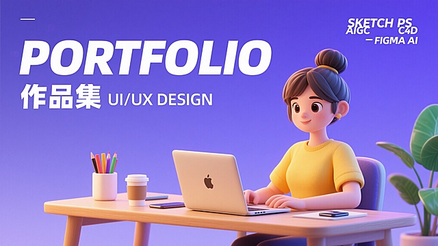 蓝紫渐变背景，右上角标注“SKETCH PS AIGC C4D FIGMA AI”，核心是大型白色艺术字“PORTFOLIO”，下方搭配“作品集 UI/UX DESIGN”白色文字，右侧是3D风格的穿着黄色上衣、扎着丸子头的设计师形象，她坐在摆放着苹果笔记本电脑、手机、咖啡杯、笔筒（含彩笔）、绿植的桌面旁，整体时尚富有设计感，专业属性强，潮流设计师形象