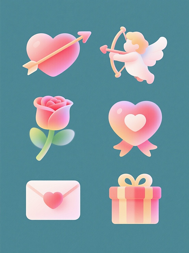 六款情人节主题元素，分别采用不同样式、不同配色和不同风格，元素包括爱心、丘比特之箭、玫瑰、丝带、情书、礼盒等，每个元素均具有柔和的渐变色彩和轻微的模糊边缘效果，整体排列整齐有序，背景为纯色，营造出浪漫温馨的氛围。