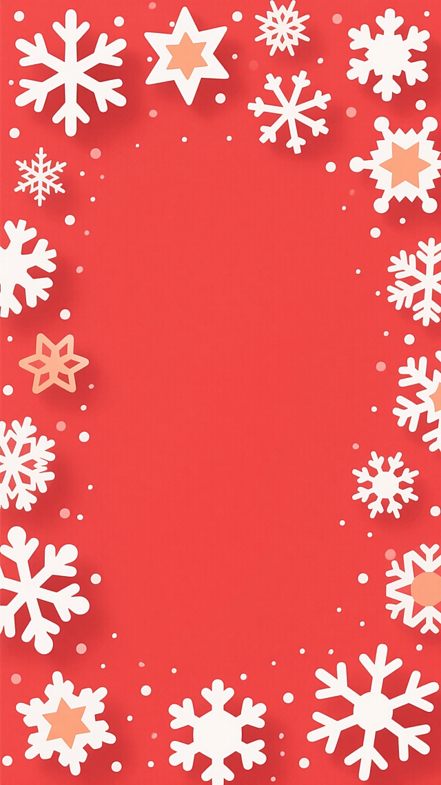 大面积留白的圣诞背景设计，以纯红色为底色，边缘装饰多种大小不一、形态各异的白色雪花图案，雪花造型包含六角星基础结构并带有精致分叉细节，部分雪花带有浅橙色渐变效果，背景中散布着细小的白色圆点模拟飘落的雪花，整体呈现简洁、节日氛围浓厚的平面设计风格，视觉层次清晰，留白区域占比大，突出空旷纯净的冬日圣诞感觉。