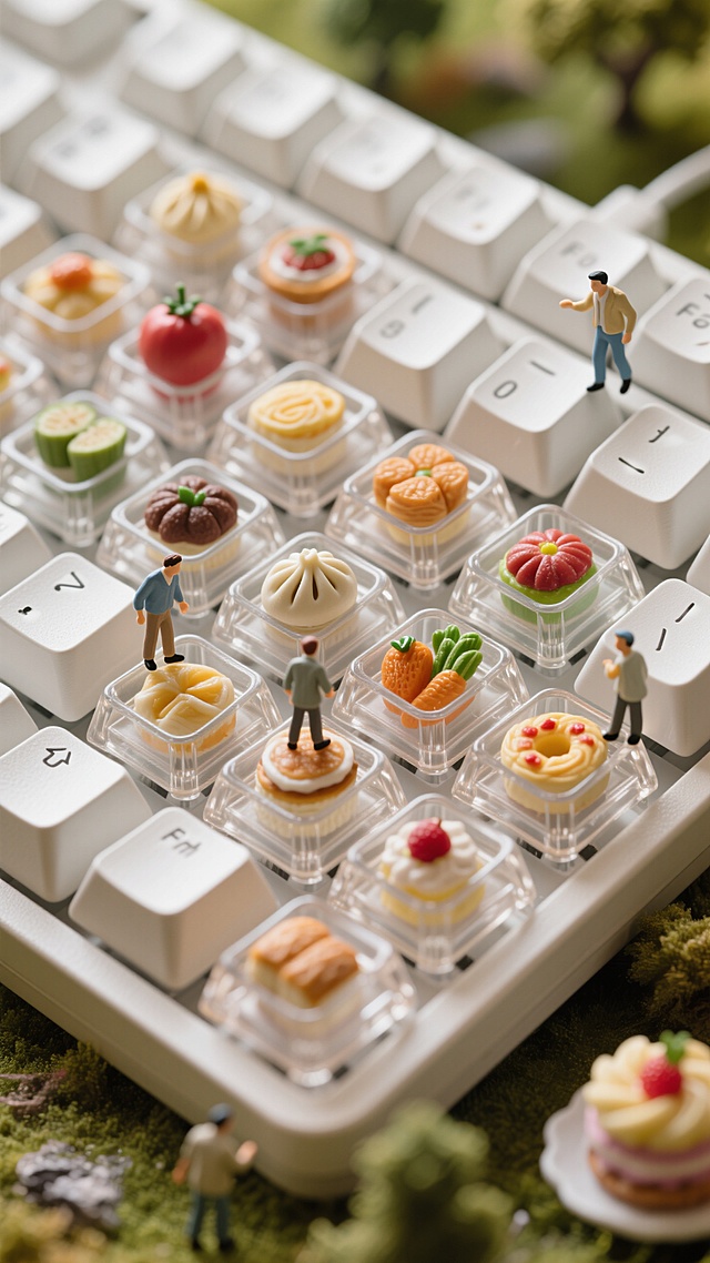 透明机械键盘键帽内嵌微缩食物模型，包子/水果/蔬菜/甜点分层排列，玻璃质感键帽外壳展示食物细节，3D写实渲染，顶视角俯拍，暖色调美食摄影，景深控制，微距镜头，电商主图设计
