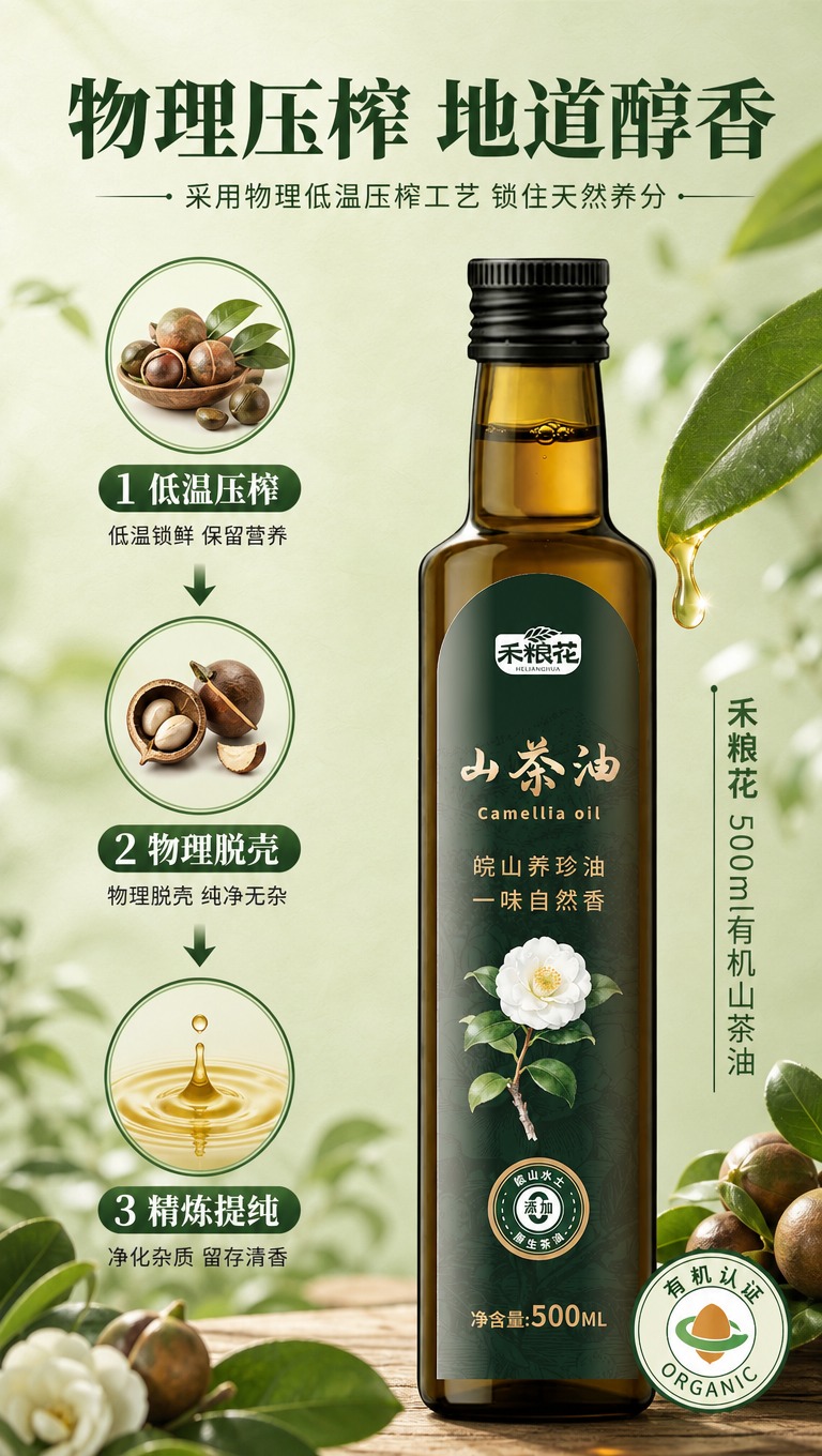 [商品] 使用【图1】禾粮花500ml有机山茶油玻璃瓶（正面）… - 图片创意预览