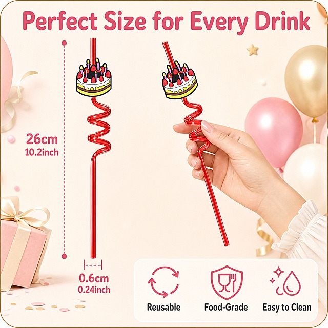 [主图-7] Birthday Cake Spiral Straws Set 尺寸规格图 长度+直径标注+手持参照。
[统一基调] 马卡龙粉+奶油白+浅金色生日派对色调，柔和自然光，整体明亮温馨，通透干净，商业摄影质感，字体为圆润无衬线粗体，标题字色深粉色，辅助字色暖灰色，卡片为奶油白底圆角设计。
[画面] 画面左侧是一支完整的红色螺旋吸管直立展示，旁边有尺寸标注线：总长度标注约26cm/10.2inch，吸管直径标注约0.6cm/0.24inch。画面右侧是一只欧美女性的手轻轻握住吸管中部，作为手持大小参照，让用户直观感受尺寸。背景是浅奶油色，干净简洁。产品外观、颜色、螺旋结构与参考图一致。画面右下角有一个小图标区域，展示3个特性图标：可重复使用、食品级材质、易于清洁。
[光影质感] 柔和自然光，吸管有自然光泽，手部光影自然，整体画面干净清晰。
[配色] 主色调红色+奶油白+浅粉背景，标注线为深粉色，整体简洁明了。
[文字版式] 画面顶部标题 "Perfect Size for Every Drink" 深粉色圆润粗体大字。尺寸标注文字为深粉色，清晰标注 Inch 和 CM 双单位。右下角三个特性图标下方分别有文字："Reusable"、"Food-Grade"、"Easy to Clean"。文字不遮挡产品主体。
[输出要求] 比例1:1，2048x2048，文字清晰可读，尺寸标注准确，产品清晰。负向：变形、错字、模糊、杂乱、水印、平台Logo、中文文字、手部畸形。